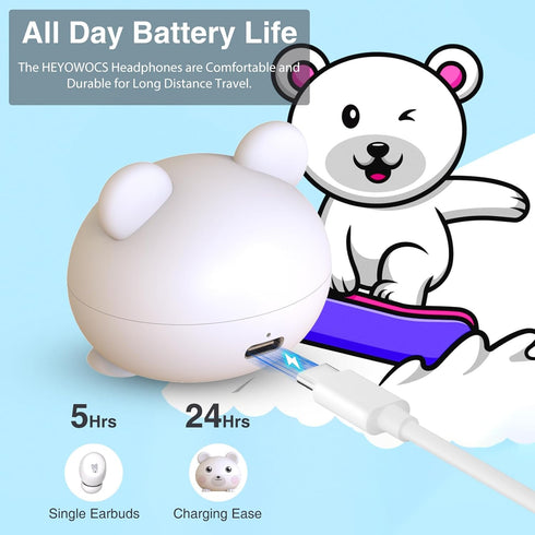Kids Headphones for School Toddler Wireless Earbuds with Mic Bear Charging Case Waterproof Bluetooth Ear Buds for Boys Girls Teen 5+ Years, Compat...