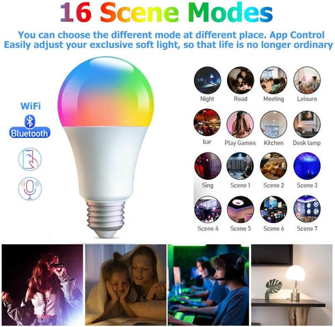 Smart Light Bulbs,WiFi & Bluetooth LED Light Bulb That Compatible with Alexa & Google Home, Color Changing Light Bulb, 10W A19 E26 2.4Ghz WiFi Lig...