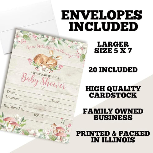 Little Deer Woodland Watercolor Floral Baby Shower Invitations for Girls, 20 5x7 Fill In Cards with Twenty White Envelopes by AmandaCreation...