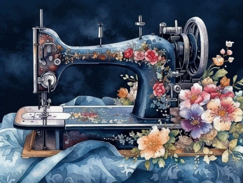 Generic Floral Blue Sewing Machine 11ct Counted Cross Stitch Kits Color Printed Stamped Cross-Stitch Supplies Needlework Printed Embroidery Kits D...
