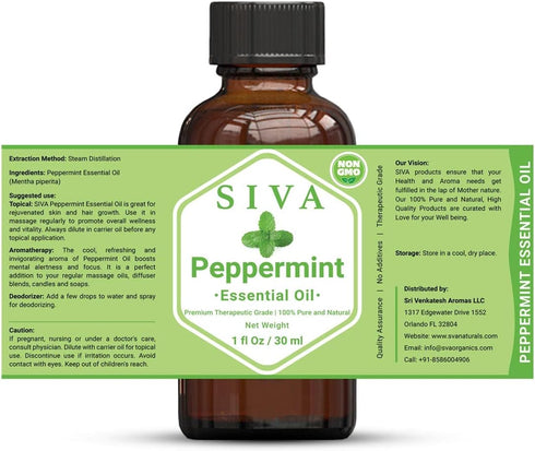 Siva Peppermint Essential Oil 1 oz (30 ml) Premium Essential Oil with Dropper for Diffuser, Aromatherapy, Hair Care, Scalp Massage, & Skin Care...
