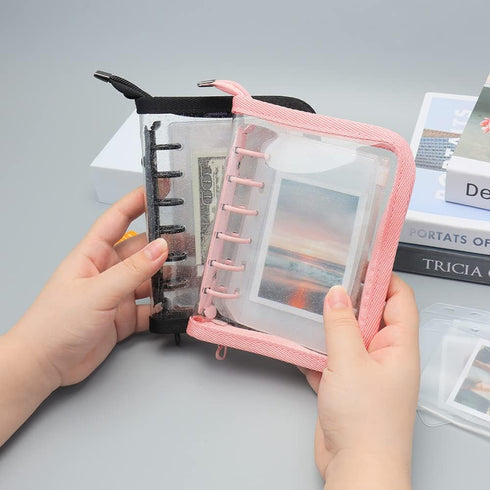Clear A7 Binder Wallet with Zipper, Pink 6 Ring Glitter Budget Binder Loose Leaf Zip Up Binder Cover for Cash Envelopes System, Photocard Album, J...
