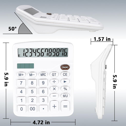 Cute White Desktop Calculator with Big Buttons, Dual Power Source, Solar and Battery, Large Display Screen - Perfect for Office, Teachers, and Stu...