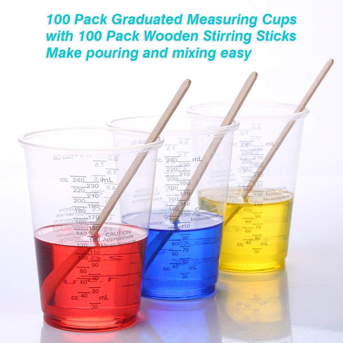 50pcs 8oz Graduated Clear Plastic Measuring Cups with Wooden Stirring Sticks for Mixing Paint, Pigments, Epoxy Resins, Resins...