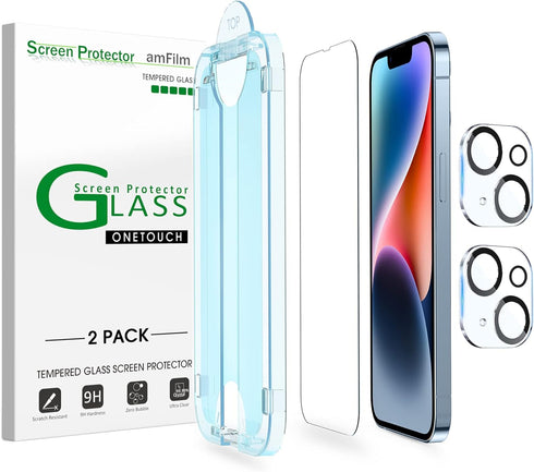 amFiIm 2 pack Tempered Glass Screen Protector + Camera Lens Protector for iPhone 14 6.1", Easy OneTouch Installation, Auto-alignment, Bubble Free ...