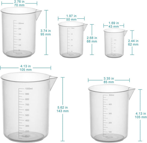stonylab Plastic Beaker Set, Clear Plastic Graduated Beaker with Pouring Spout Measuring Beaker Set Liquid Cup Container in 5 Sizes, 50 ml/100 ml/...
