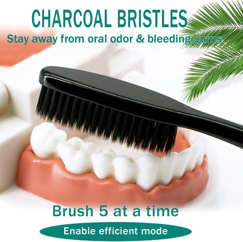 Large Long Head Toothbrush, 4-Pack, Upgraded Hard & Firm Charcoal Bristles, Whitening Teeth, Removing Plaque, Brace, Cigarette, Coffee and Other S...