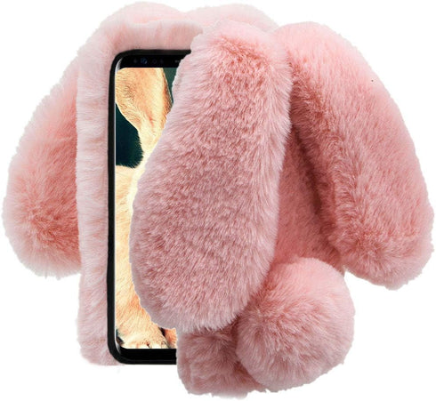 for Samsung Galaxy Note 8 Case, Rabbit Fur Ball Case,Luxury Cute 3D Homemade Diamond Winter Warm Soft Furry Fluffy Fuzzy Bunny Ear Plush Pink Phon...