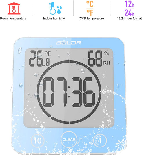Digital Bathroom Shower Wall Clock Timer, LCD Digital Wall Clock with Suction Waterproof Temperature Humidity Gauge, Touch Screen Timer, Large Cou...