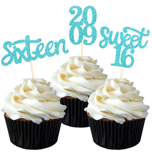24 Pcs Sweet 16 Blue Glitter Birthday Cupcake Toppers for 16th Birthday Celebrating Party Decorations (Blue)...