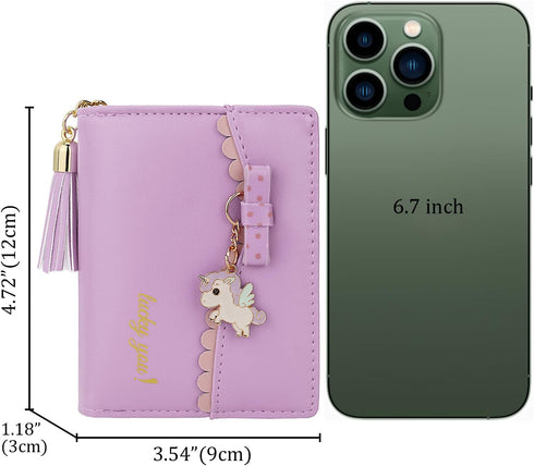 Uromee Girls Wallet Small Card Holder Women Purse Bifold Vegan Leather Zipper Coin Pocket Cute Unicorn Pendant Tassel...