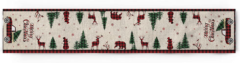 Christmas Truck Cotten Linen Table Runners 90 Inches Long, Red Buffalo Plaid, Non-Slip Burlap Table Cloth Runner for Home/Dining/Wedding/Party/Hol...