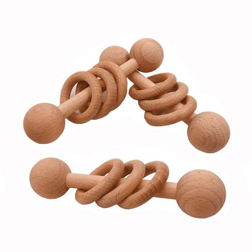 2pcs Beech Wood Ring Rattle Chew Wood Beads Rattling Teething Gym Montessori Toys Wooden Educational Ring Rattle (Rattle 2pcs)...