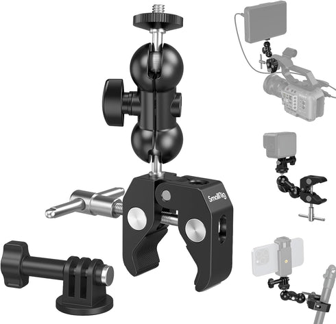 SMALLRIG Super Camera Clamp Mount, Double Ball Head Magic Arm Adapter, Fence/Desk/Tripod Mount for Monitor/Light/Camera, for Insta360, for Gopro 1...