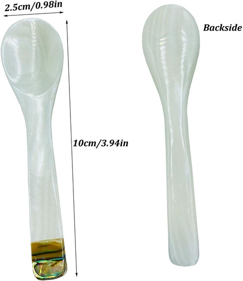 2 Pack 3.94inch Caviar Spoons Handcraft Mother of Pearl MOP Caviar Spoon W Round Handle with One Plastic Storage Box - White, Style B...