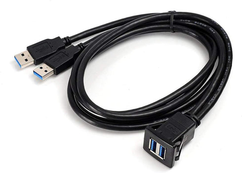 USB Flush Mount Cable, 1 Meter 3ft Dual USB 3.0 Ports Panel Mount, Dash Mount, Flush Mount Extension Cable for Car Boat Motorcycle or Other Surfac...