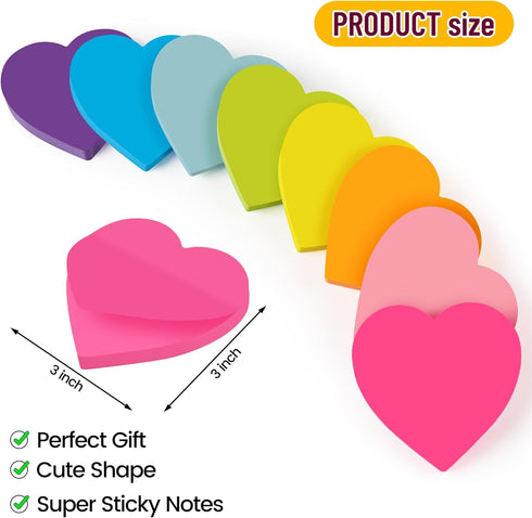 Heart Sticky Notes 3x3 in, 8 Pads, Super Cute Bright Color Strong Adhesive Post, Clean Removal, 82 Sheets/pad...