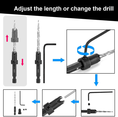 Countersink Drill Bit Set 5Pcs #4#6#8#10#12 Tapered Drill Bit for Woodworking, Counter Sink Drill Bit for Wood, Hex Shank Quick Change Counter Sin...