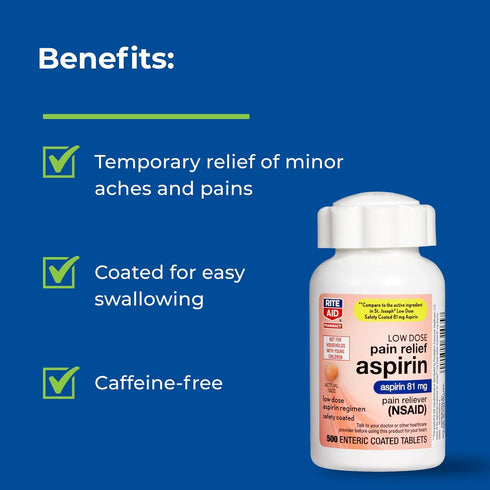 Rite Aid Aspirin Enteric Tablets - 81 mg Aspirin - 500 Count - Low-Dose for Headache Relief - Safety Coated - Aspirin Regimen - Migraine Medicine ...