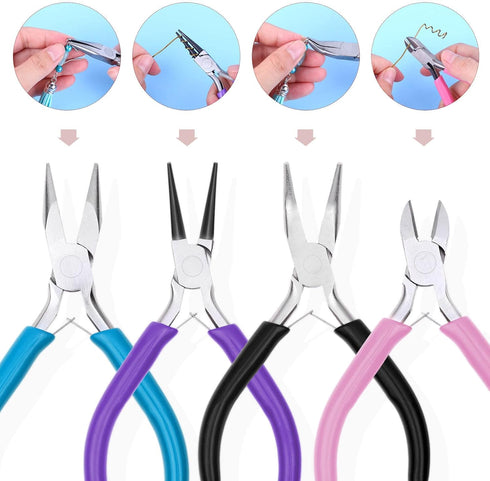 Anezus 4Pcs Jewelry Pliers Tool Set Includes Needle Nose Pliers, Round Nose Pliers, Wire Cutters and Bent Nose Pliers for Jewelry Beading Repair M...