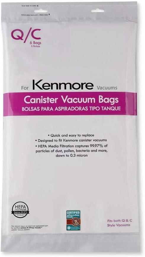 Compatible with Kenmore Canister Vacuum Bags Type Q/? HEPA - Models 5055, 50557, 50558, 20-53292, 53291, 200, 400, 700, 800 Series - Pack of 6 Pre...