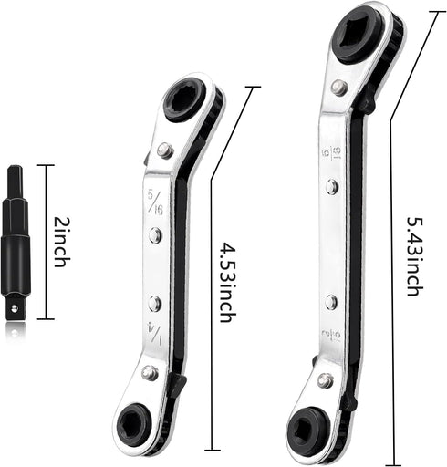 2PCS Hvac Service Wrench Tools, 3/16" to 3/8", 5/16" x 1/4" Ratchet Wrench Set with 2 Hex Bit Adapter, Refrigeration Wrench Set for Air Conditioni...