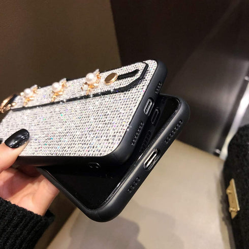 aowner iPhone 13 Pro Max Silver Glitter Bee Case with Stand, Strap & Diamond Wrist Bracket - 6.7 Inch, Shockproof...