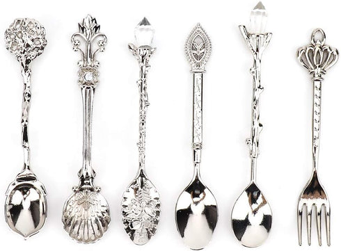 Fdit 6Pcs/Set Vintage Carved Coffee Spoon Teaspoon Retro Zinc Alloy Dessert Coffee Tableware Spoons Cutlery Kitchen(Silver)...