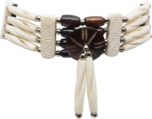American Indian Style Bone Choker Necklace, 4 Row Two-Tone Carved Traditional Hairpipe Beads, Unisex Adjustable...