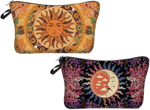 2 Pack Soft Makeup Bag for Purse, 3D Allover Printed Makeup Pouch with Zipper Cute Storage Washing Bag Small Pouch Gift for Women-Sun...