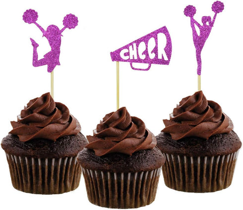 Morndew 24 PCS Purple Glitter Cheerleader Dance Horn Cupcake Toppers for Sport Party Baby Shower Birthday Party Decorations...