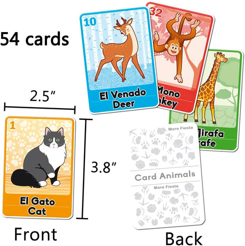 Bilingual Tablas Game in English and Spanish, Mexican Bingo for 10 Players - 10 Boards, Full Deck of Cards and Chips, Theme Animals...