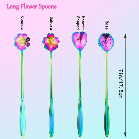 Flower Spoon Set of 4 PCS, LEEFONE 7" Flower Pattern Long Handle Spoon Stainless Steel Reusable Tea Scoops Stirring Spoon Ice Cream Spoon Coffee S...