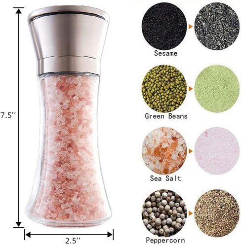 Elegant GRINDER 7 inch tall, Eco-Friendly Stainless Steel and Glass grinder, with Adjustable Ceramic Grinder, Spice Mill, Pepper Grinder or Salt G...