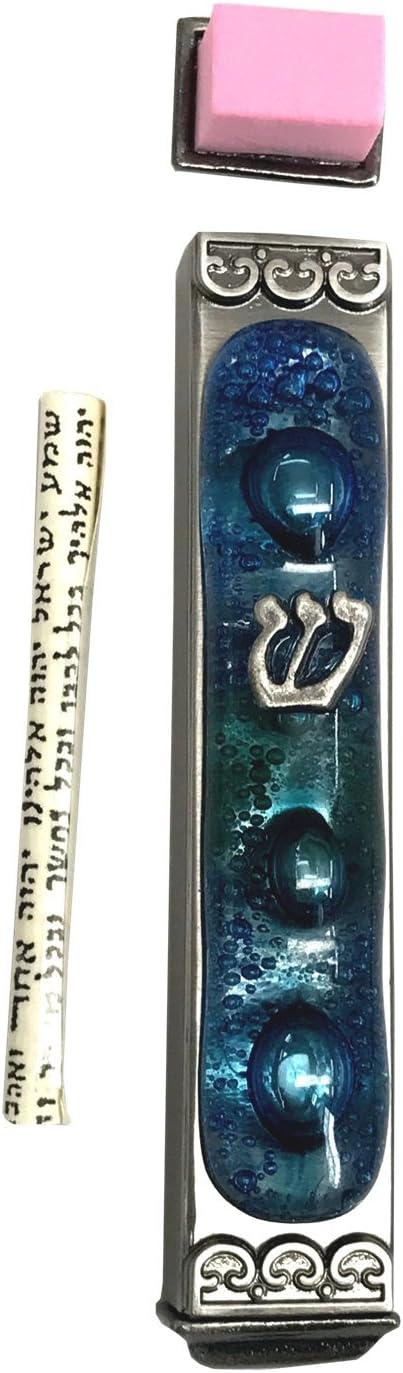 Tamara Baskin Art Glass Mediterranean Sea Mezuzah, Weatherproof Metal Case - Gift Box and Scroll Included - Handmade in the USA - Guaranteed for L...