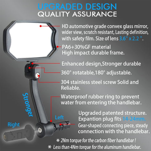 Bar End Bike Mirrors, High–Definition Convex Glass Lens for E-Bike Handlebars, Scratch Resistant, Safe Rearview 1 Pair Bicycle Mirror BT-015(Right...