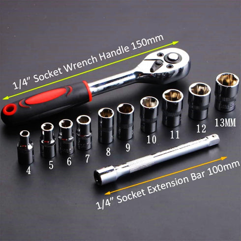 1/4 Inch Ratchet Socket Wrench Set, Metric Socket Set with Quick Release Reversible Ratchet Wrench and Extension Bar, Metric SAE Mechanic Tool Kit...