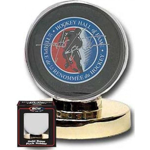BCW Hockey Puck Display Case | High Impact Polystyrene Display Case | Perfect for Autographed Hockey Pucks | Gold Metalized Base Hockey Puck Holde...