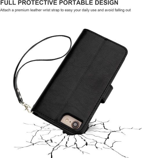 Bocasal for iPhone SE (2022)/SE (2020)/8/7 Wallet Case with Card Holder PU Leather Magnetic Detachable Kickstand Shockproof Wrist Strap Removable ...