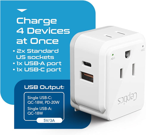 Ceptics Thailand Travel Adapter Set, 20W PD & QC, Type O - 3.1A - 4 in 1-2 USA Inputs, 1 USB Port, 1 USB-C Port - Compact, Powerful - includes Typ...