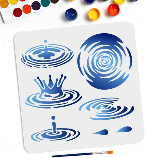 Water Ripple Splash Crown Stencils 11.8×11.8inch Water Drops Painting Stencils with Paint Brush Water Vortex Theme Drawing Template for Fabric Wal...