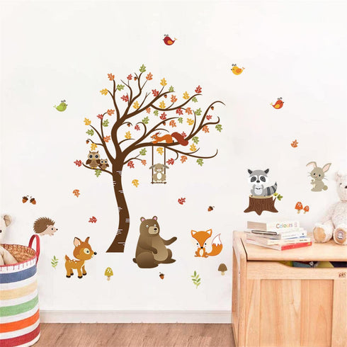 decalmile Forest Animals Tree Wall Decal Fox Deer Fall Leaves Wall Stickers Baby Nursery Kids Bedroom Classroom Wall Decor (H: 31 Inches...