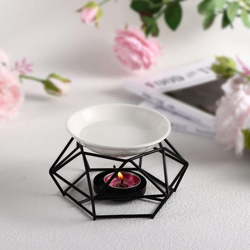 SXCHEN Essential Oil Burner for Scented Oil Tea Light Wax Melt Warmer Ceramic Tealight Wax Candle Burner Black Metal Aroma Diffuser-Set of 1...