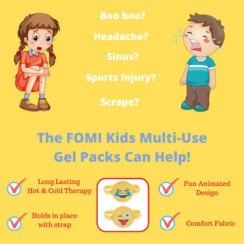 FOMI Kids Hot Cold Gel Ice Packs | 2 Pack | Multi-Use Fun Emoji Designed Wrap for Head, Eyes, Elbow, Wrist, Ankle, Knee | Pain Relief for Children...