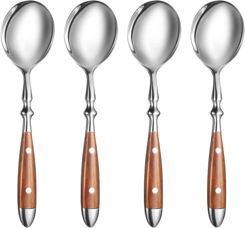 Soup Spoons?4Pcs Soup Spoons Set?Stainless Steel 18/8 Spoons with Comfortable Bakelite Handle?Heavy-Weight Metal Round Spoons?Wood Grain Handle...