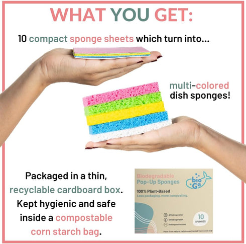 bioGo 10 Pack Compostable Pop-Up Sponges - Expanding, Non-Scratch, Plant-Based Dish Sponges...