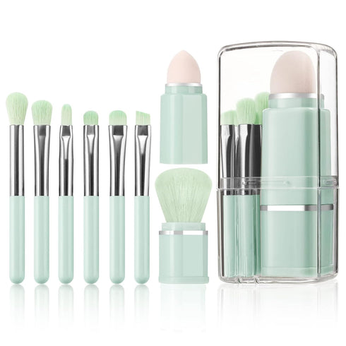 Travel Makeup Brushes Set, START MAKERS Retractable 8 in 1 Mini Powder Brush Beauty Sponge Blender, Synthetic Portable Foundation Blush Concealers...