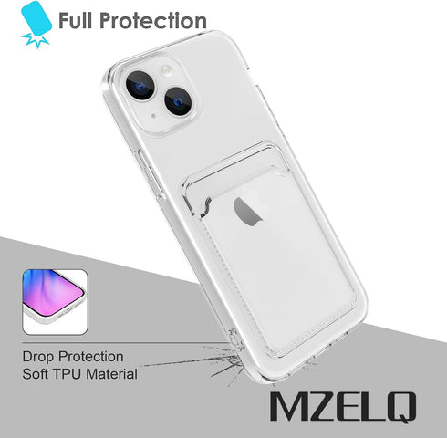 MZELQ Silicone Compatible with iPhone 15 Case, Card Holder Camera Protection Cover + Screen Protector, Card Slot Soft Slim Phone Case -Crystal......