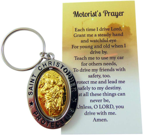 St Christopher Metal Keychain Travel Saint Key Ring with Motorist Prayer Holy Card Set...