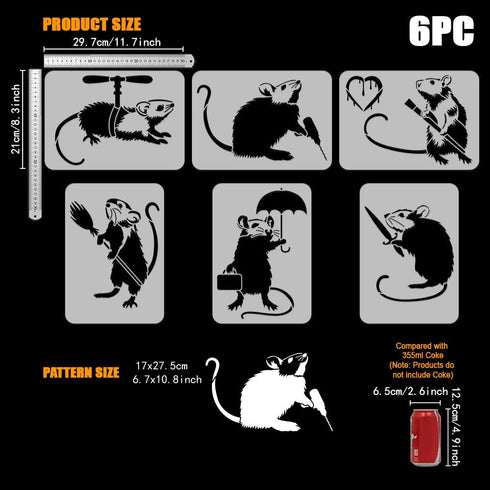 FINGERINSPIRE 6 PCS Banksy Rat Painting Stencil 8.3x11.7inch Reusable Banksy Love Rat Drawing Stencil Mouse Pattern Banksy Theme Stencil for Paint...